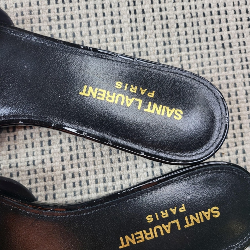 Saint Laurent Sandals Womens Size 7.5 Black Patent Leather Croc Slide Flat Italy - Picture 4 of 7